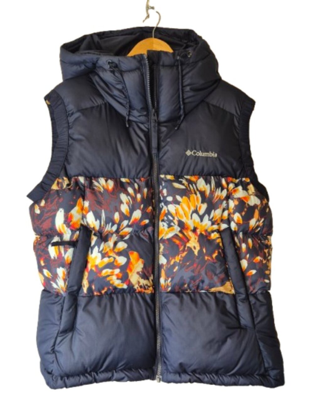 Columbia Pike Lake Hooded Puffer Vest Navy with Abstract Floral Pring Size XL